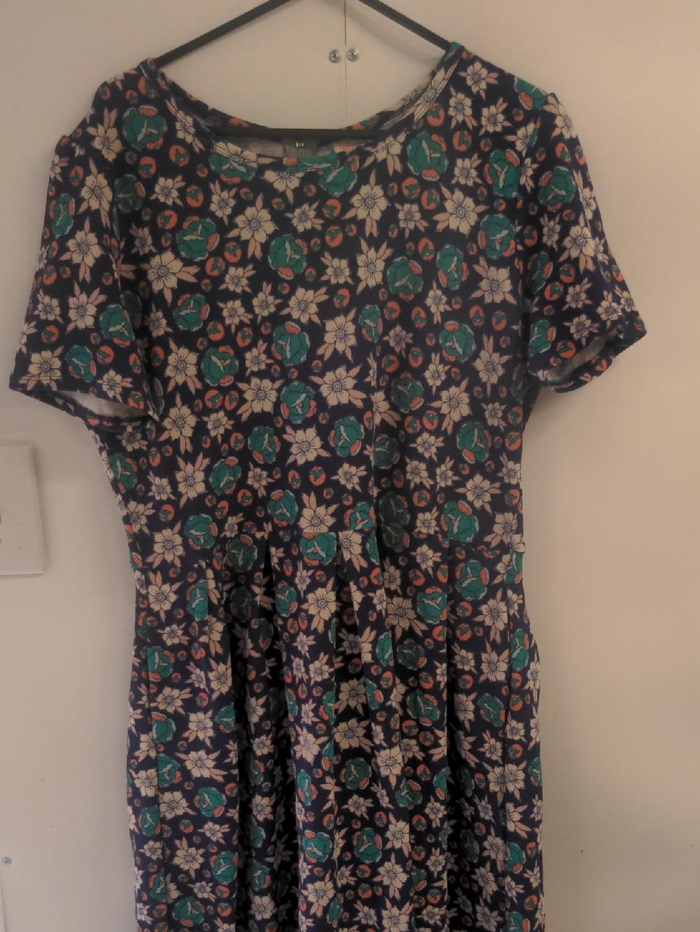 LuLaRoe Navy Floral Zippered Fit-and-Flare Dress with Teal & Coral Accents 3XL